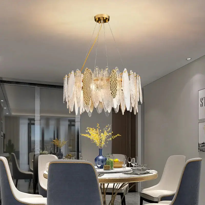Modern decorbites crystal chandelier with gold mount and glass leaf shades in european style for living and dining rooms
