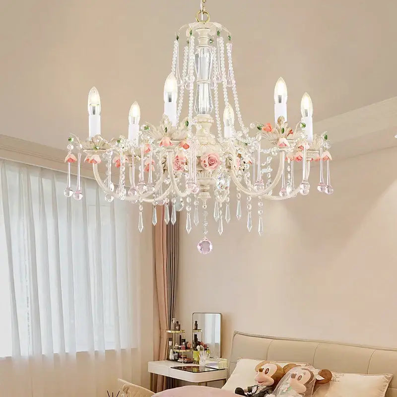 DecorBites crystal chandelier with ornate white metal arms and pink clear crystals for elegant living and dining rooms