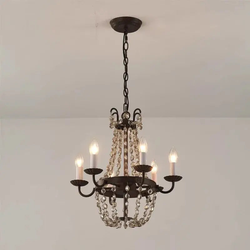 Wrought iron decorbites crystal chandelier with dark bronze finish clear crystal beads and five candle-style bulbs for dining room