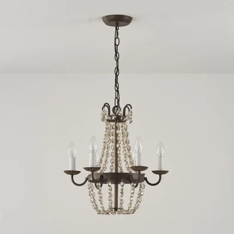 Antique bronze decorbites crystal chandelier with cascading clear crystal beads and five candle bulbs for living room