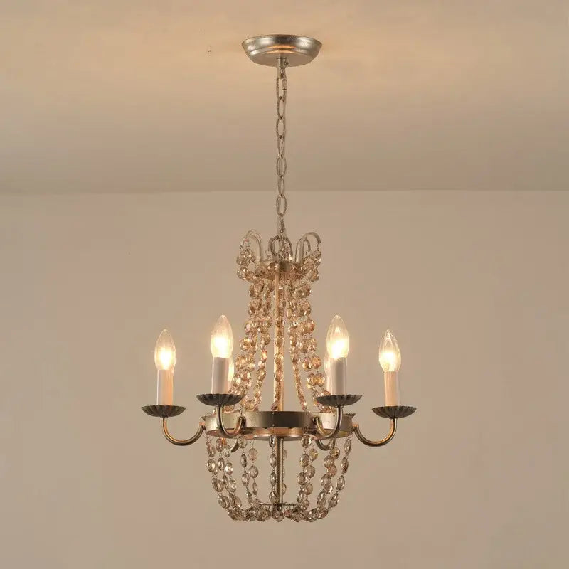 DecorBites crystal chandelier with five lights, brushed nickel finish, and cascading clear crystal beads for elegant spaces