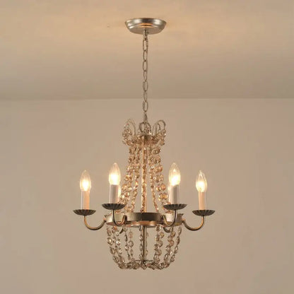 DecorBites crystal chandelier with five lights, brushed nickel finish, and cascading clear crystal beads for elegant spaces
