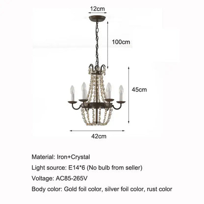 Decorbites crystal chandelier with dark iron frame cascading crystal beads and six candle-shaped lights for elegant decor