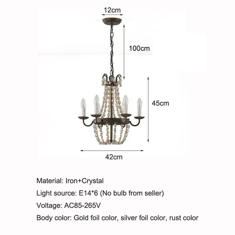 Decorbites crystal chandelier with dark iron frame cascading crystal beads and six candle-shaped lights for elegant decor