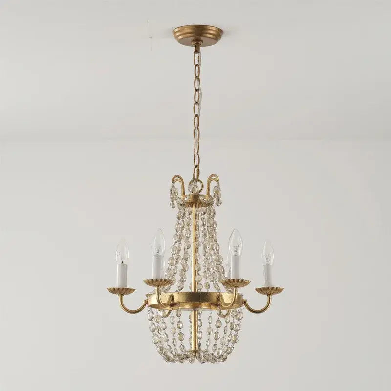 Delicate gold-toned DecorBites crystal chandelier with cascading clear beads and five candle-style bulbs for elegant spaces