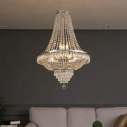 DecorBites crystal chandelier with silver metal frame and cascading clear glass beads for luxury living spaces