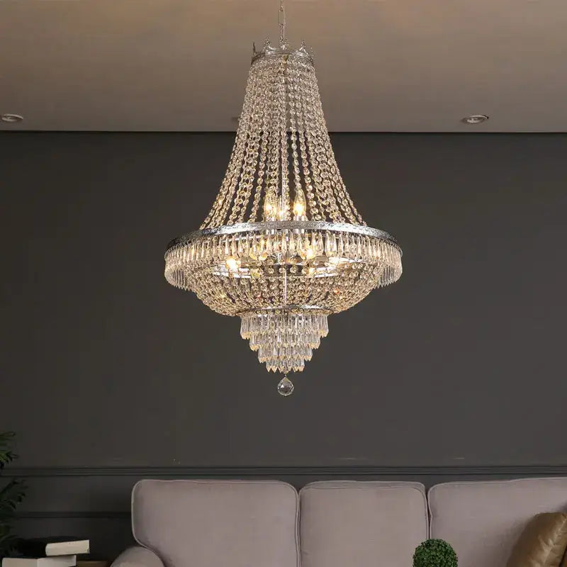 DecorBites crystal chandelier with silver metal frame and cascading clear glass beads for luxury living spaces