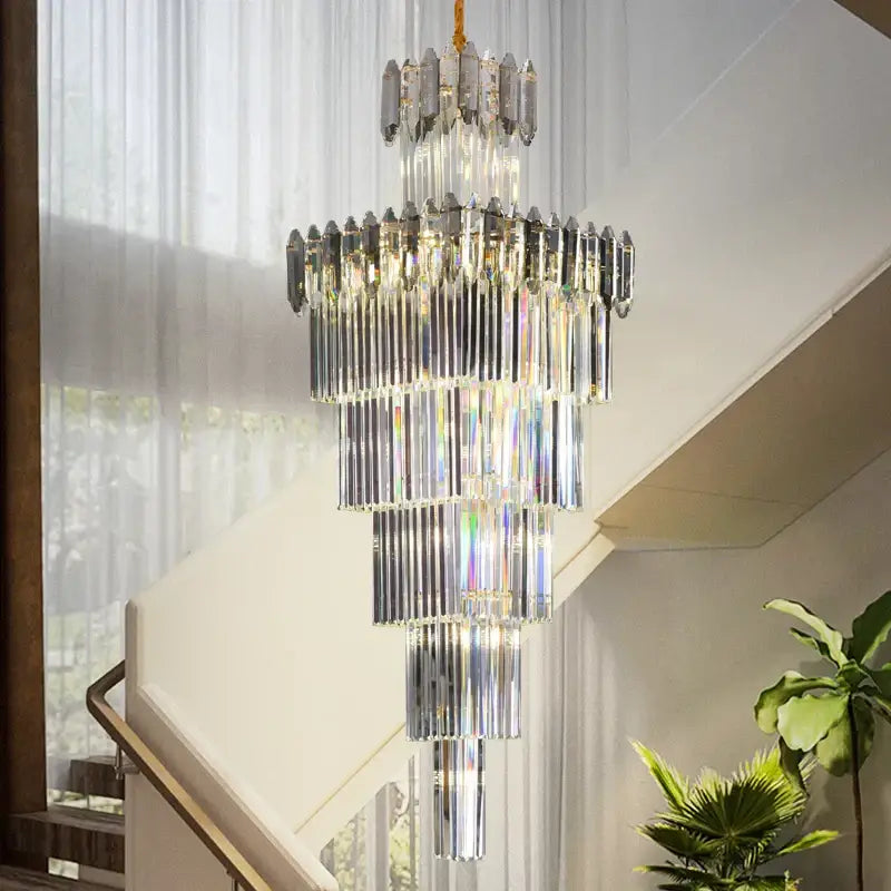 Decorbites crystal chandelier with multi-tiered clear and silver glass rods suspended by gold-finished chain for luxury interiors