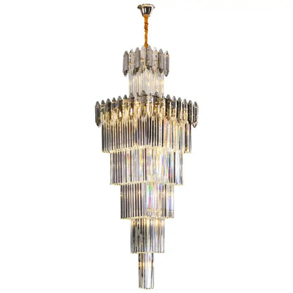 A decorbites crystal chandelier featuring multi-tiered clear glass rods and a gold-toned ceiling mount for luxury interiors