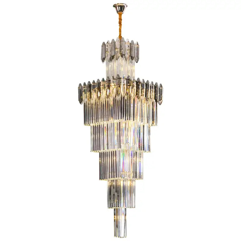 A decorbites crystal chandelier featuring multi-tiered clear glass rods and a gold-toned ceiling mount for luxury interiors