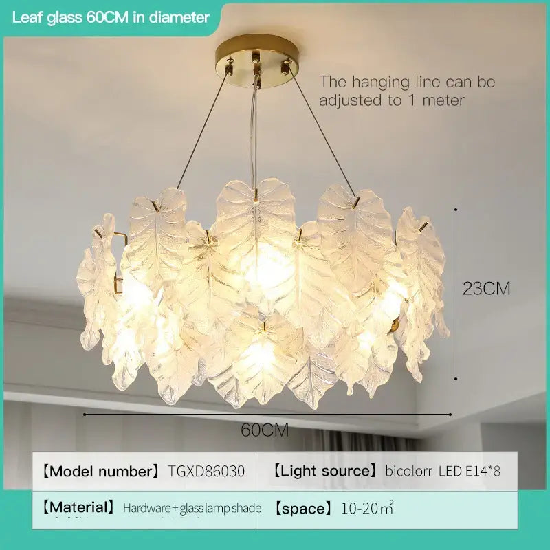 DecorBites crystal chandelier leaf-shaped glass with brass ceiling mount and adjustable line for elegant room lighting