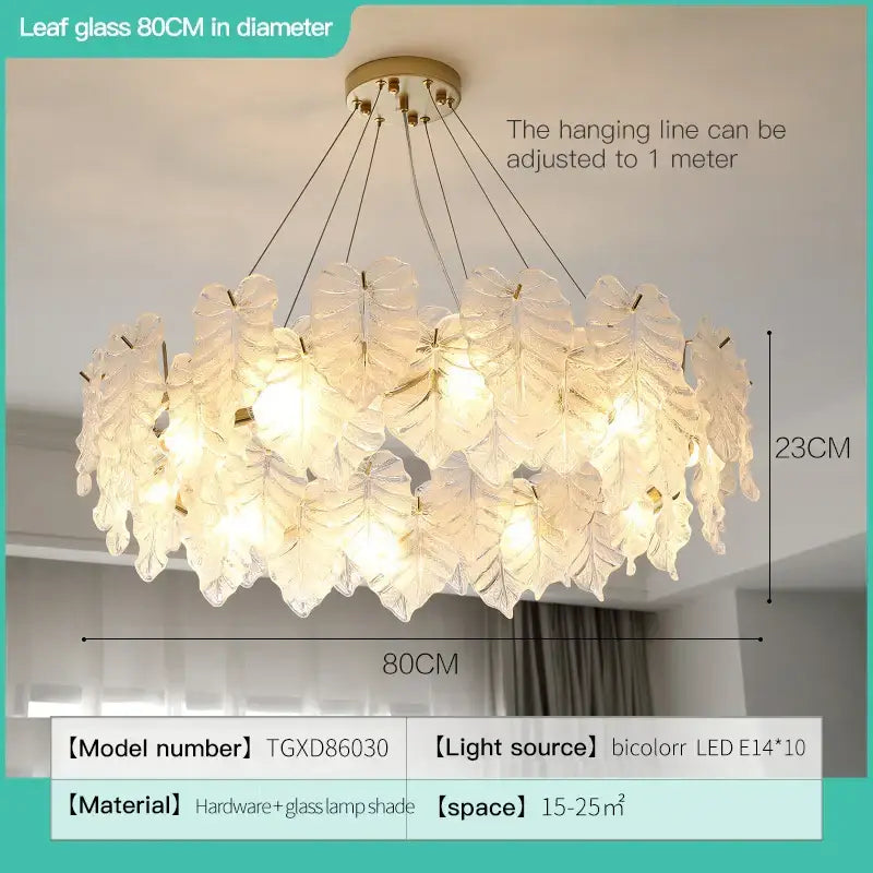 Decorbites crystal chandelier featuring a delicate translucent leaf-shaped glass design with gold-toned ceiling mount