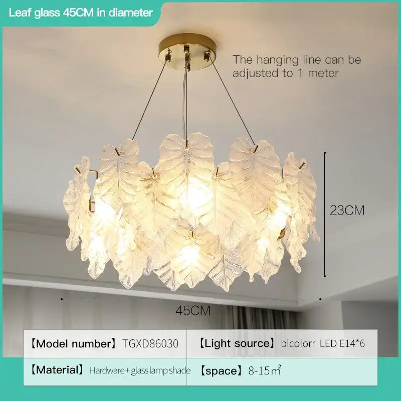 Decorbites crystal chandelier with translucent leaf-shaped glass and brass finish for elegant living room lighting