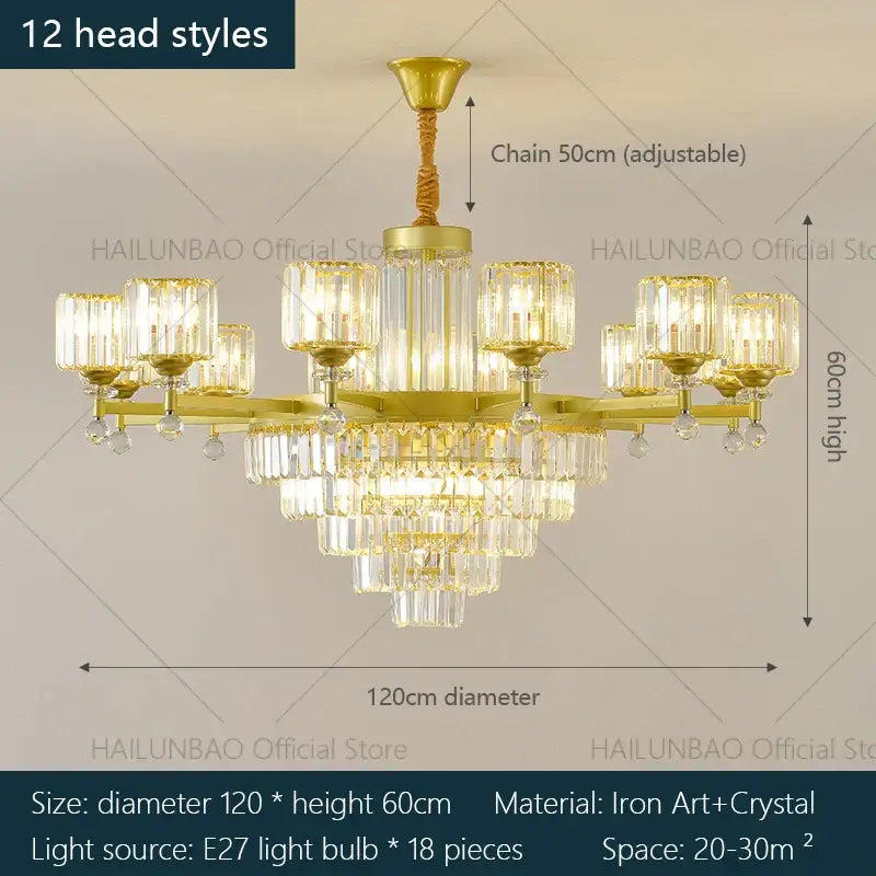 Gold-toned decorbites crystal chandelier with clear prism tiers and glass shades for elegant living room lighting