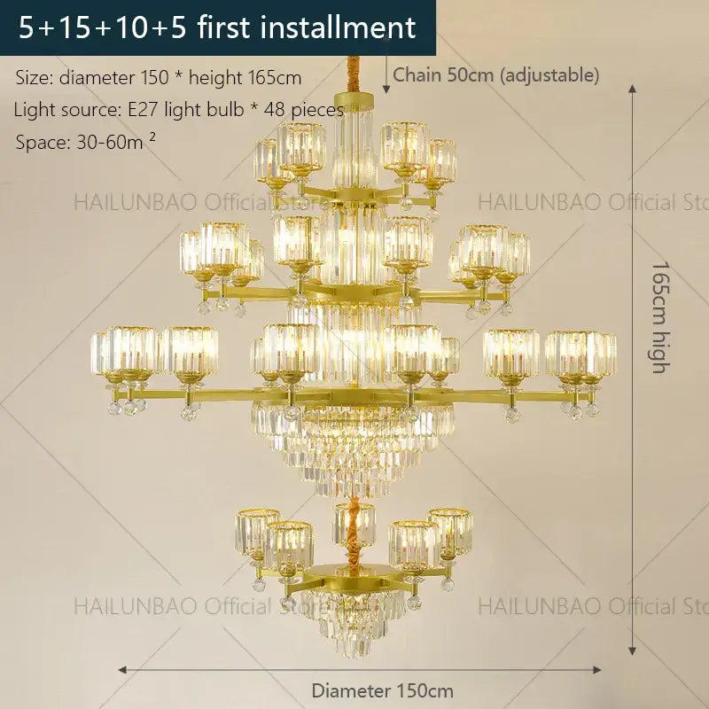 Gold-toned decorbites crystal chandelier with multiple tiers of crystal glass shades for elegant living room luxury