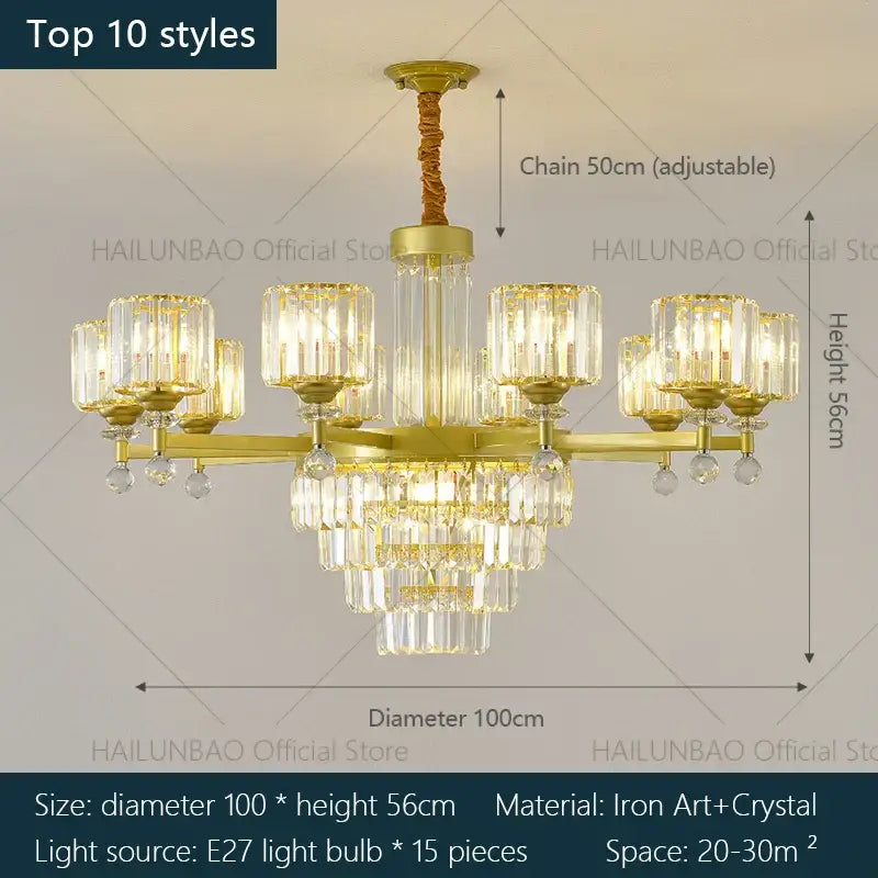 Gold-toned DecorBites crystal chandelier with clear prisms and adjustable chain for elegant living room lighting