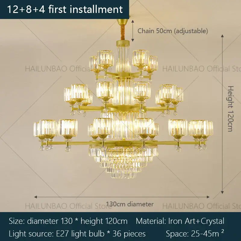Gold-toned decorbites crystal chandelier with tiered crystal glass shades and iron art for villa bedroom or living room luxury lighting