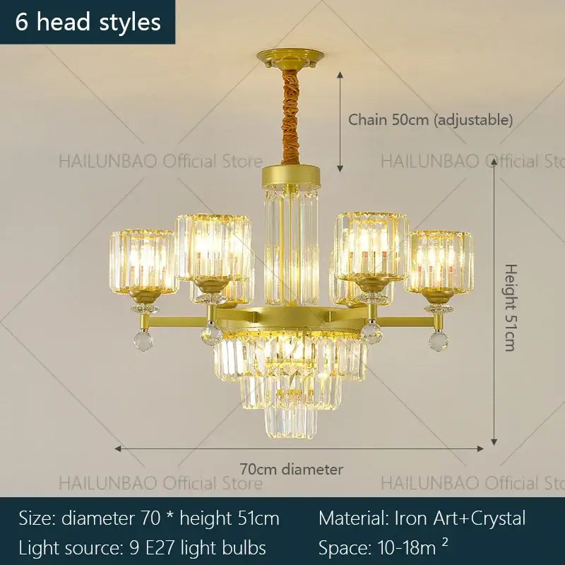 Gold-toned decorbites crystal chandelier with twisted brass chain and crystal glass shades for elegant living room lighting