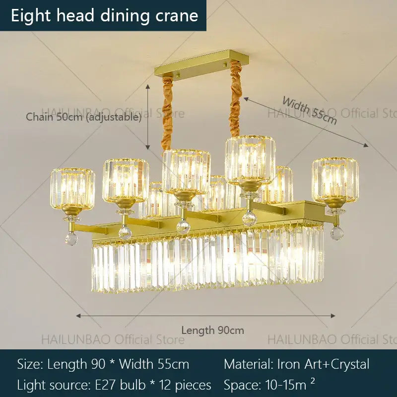 Gold-toned eight-head decorbites crystal chandelier with crystal glass shades and strands for living room luxury lighting