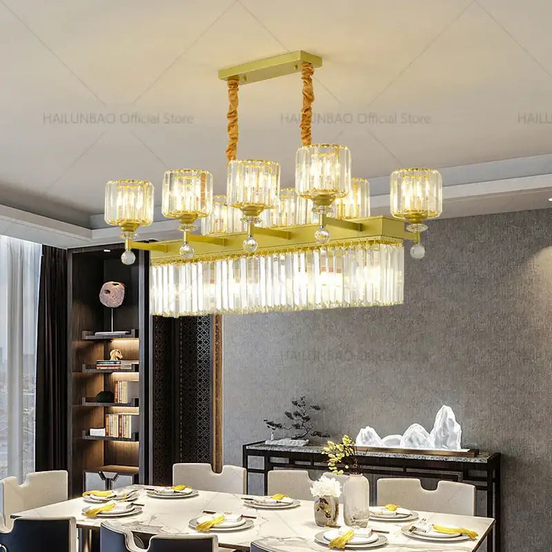 Decorbites crystal chandelier gold-toned with crystal glass shades and dangling crystals for living room elegance