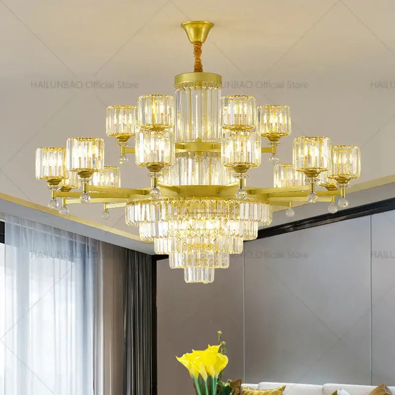 Gold-toned DecorBites crystal chandelier with clear crystal prisms and glass shades for elegant living room lighting