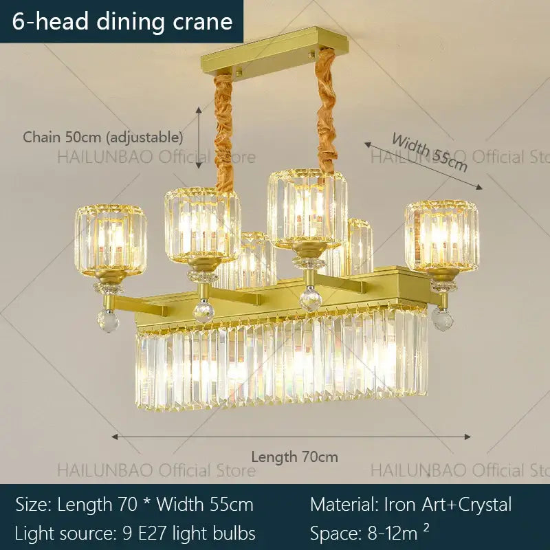 Gold-toned decorbites crystal chandelier with six heads, twisted metal chains, and crystal glass shades for living room elegance
