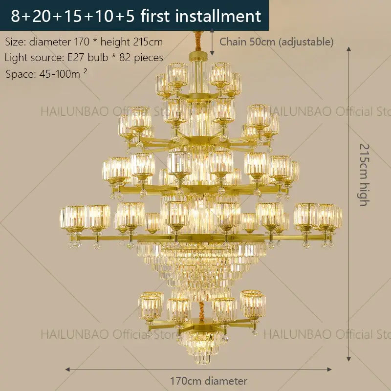 Golden multi-tiered decorbites crystal chandelier with crystal glass shades and adjustable chain for living room luxury lighting