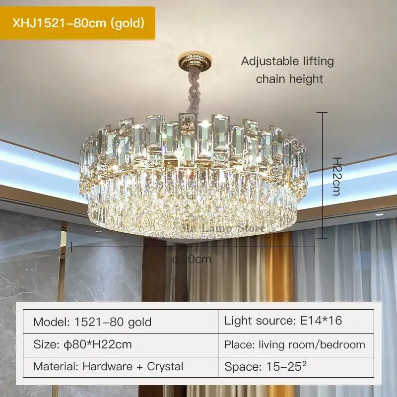 Gold-finished decorbites crystal chandelier with two tiers of clear crystal prisms for elegant home lighting