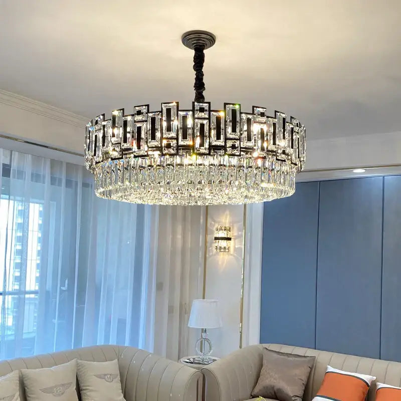 DecorBites crystal chandelier with black metal frame and cascading clear glass prisms for elegant home lighting