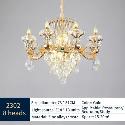 Gold-toned decorbites crystal chandelier with intricate crystal droplets and zinc alloy ornate arms for elegant lighting
