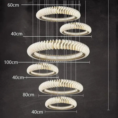 Modern spiral decorbites crystal chandelier with concentric rings and metallic finish for elegant living and dining rooms