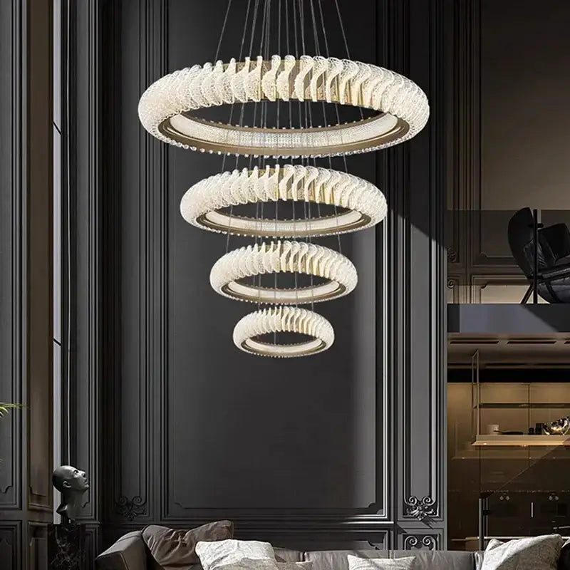 Modern spiral decorbites crystal chandelier with concentric rings and sparkling crystals for elegant living room lighting