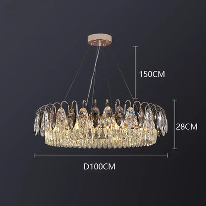 Decorbites crystal chandelier pendant light with 150cm gold-toned frame and teardrop crystals for elegant living spaces