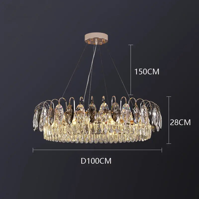 Decorbites crystal chandelier pendant light with 150cm gold-toned frame and teardrop crystals for elegant living spaces
