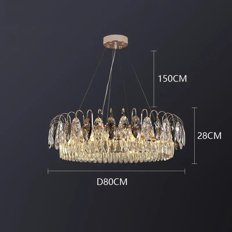 Decorbites crystal chandelier pendant light with 150cm diameter teardrop crystals and rose gold ceiling mount for elegant living rooms