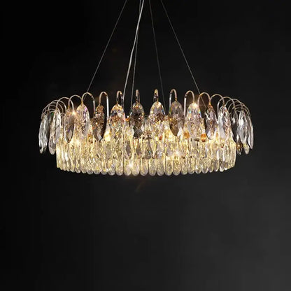 DecorBites crystal chandelier pendant light with multi-tier clear faceted crystals on polished gold frame for elegant rooms