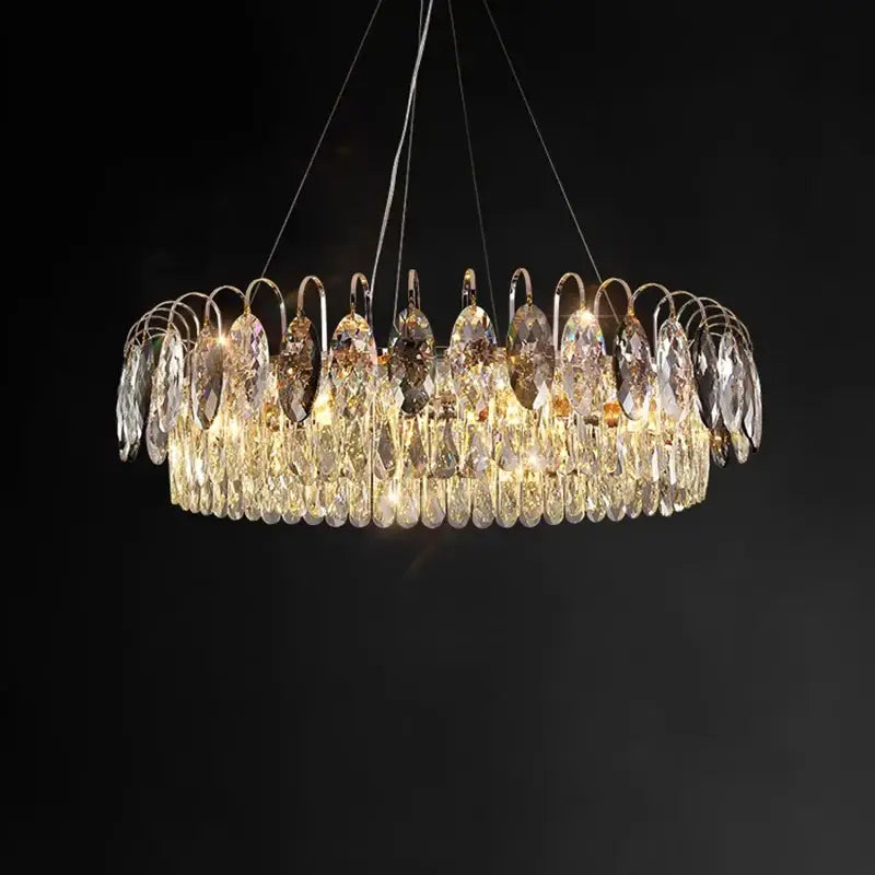 DecorBites crystal chandelier pendant light with multi-tier clear faceted crystals on polished gold frame for elegant rooms