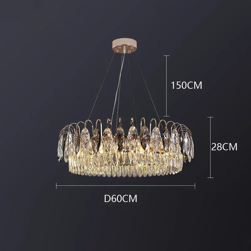 A luxurious 150cm tall decorbites crystal chandelier pendant light with cascading clear crystals and rose gold frame