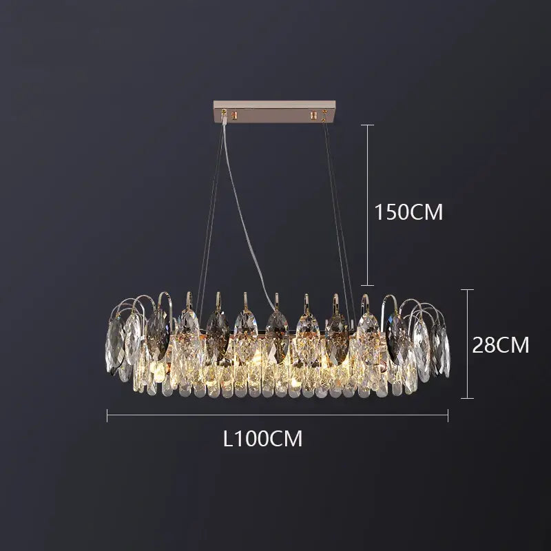 A modern decorbites crystal chandelier pendant light with gold metal frame and cascading clear dark crystal teardrops