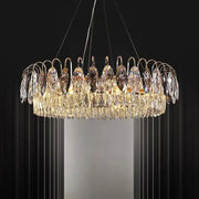 Decorbites crystal chandelier pendant light with gold metal frame and cascading clear amber crystals for elegant rooms
