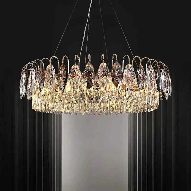 Decorbites crystal chandelier pendant light with gold metal frame and cascading clear amber crystals for elegant rooms