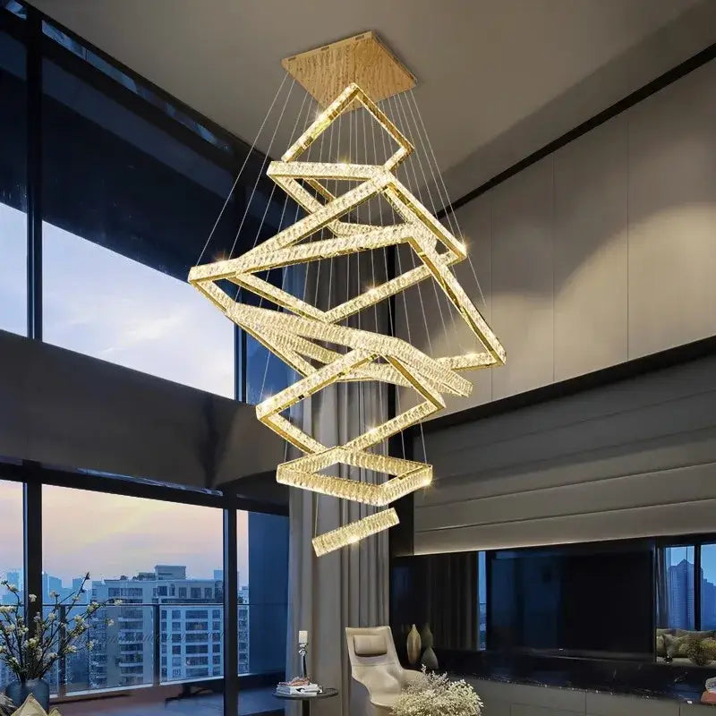 Golden crystal chandelier with modern geometric triangular frames suspended from wooden ceiling mount by decorbites crystal chandelier