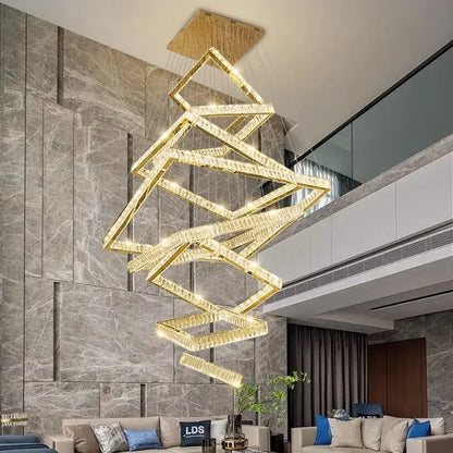 Golden crystal chandelier with interlocking geometric rings suspended from wooden ceiling mount for elegant living room by DecorBites crystal chandelier