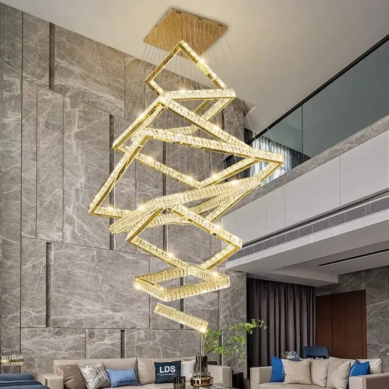 Golden crystal chandelier with interlocking geometric rings suspended from wooden ceiling mount for elegant living room by DecorBites crystal chandelier
