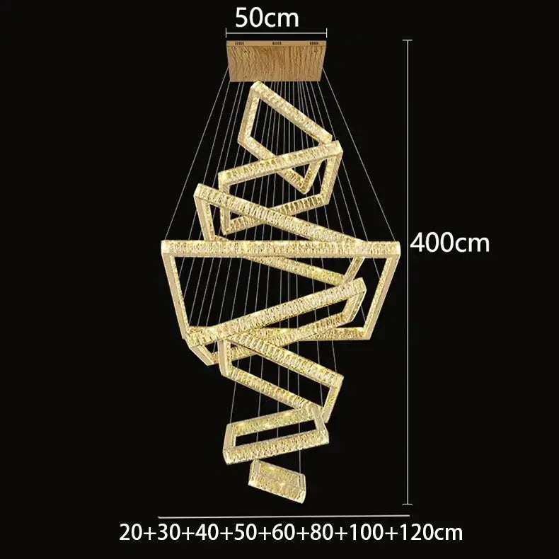 Decorbites crystal chandelier with golden spiral crystal-encrusted rectangular frames suspended from wooden ceiling mount