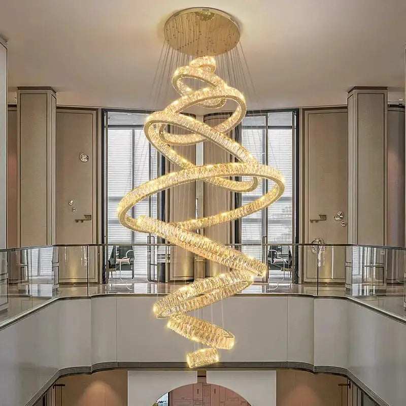 Golden spiral decorbites crystal chandelier pendant light with crystal accents and warm LED lighting for living room and stairs