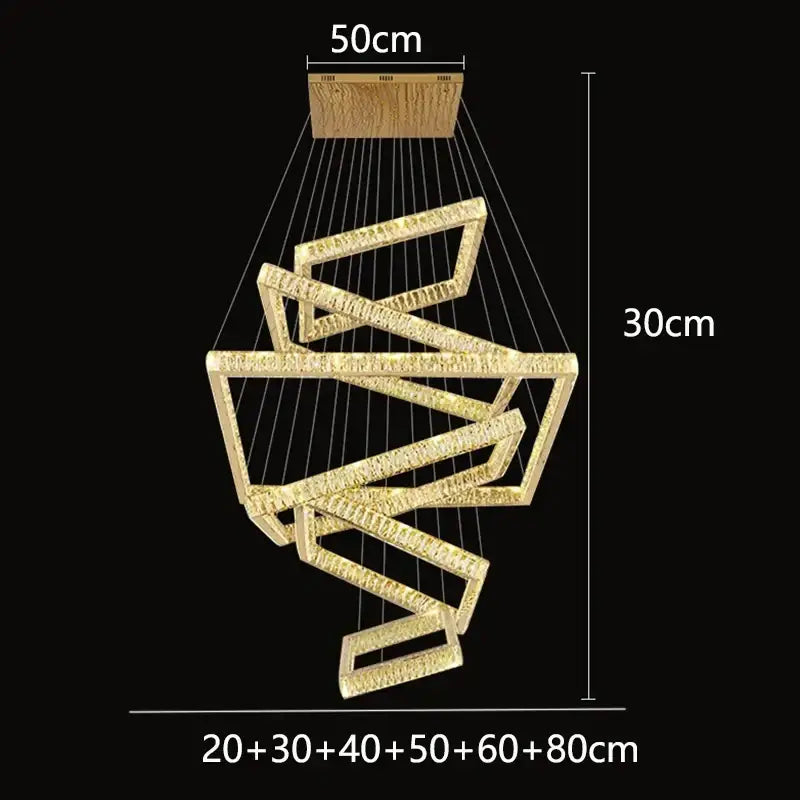 Golden decorbites crystal chandelier with interlocking rectangular frames and crystal accents for elegant living rooms
