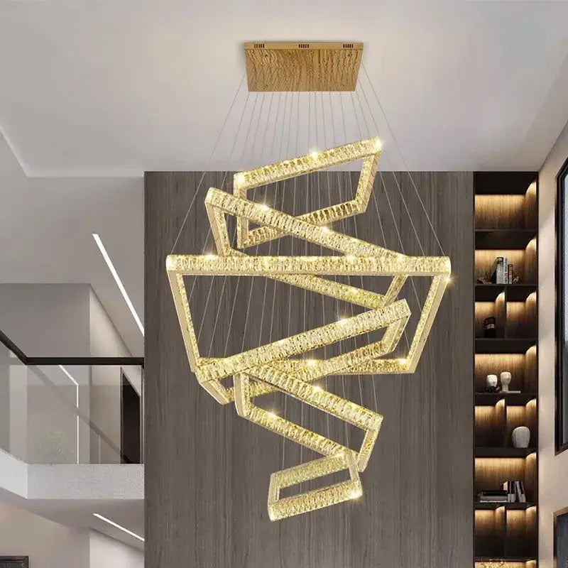 Golden decorbites crystal chandelier with modern geometric interlocking rectangular frames for elegant living rooms