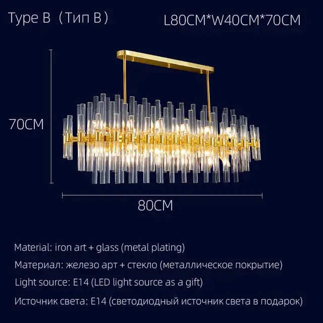 Gold-toned decorbites crystal chandelier with clear glass tubes and modern geometric pendant lighting for luxury spaces