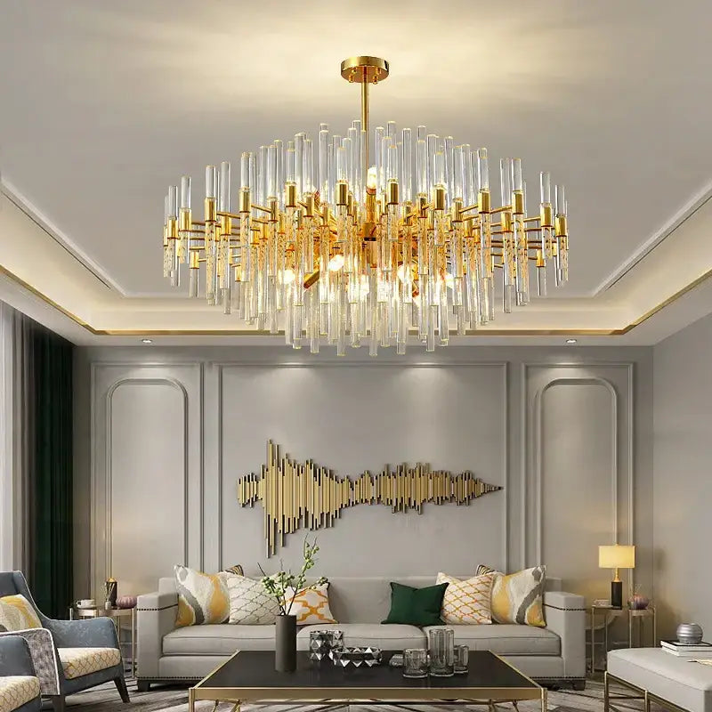 Gold-toned decorbites crystal chandelier with clear crystal rods and multiple bulbs for elegant home and hotel lighting